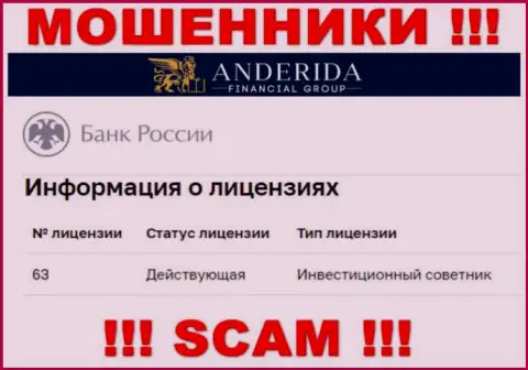 Андерида Финансиал Груп говорят, что имеют лицензию от Центробанка Российской Федерации (сведения с сервиса жуликов)