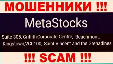 На официальном интернет-сервисе Meta Stocks опубликован юридический адрес данной конторы - Suite 305, Griffith Corporate Centre, Beachmont, Kingstown, VC0100, Saint Vincent and the Grenadines (оффшор)