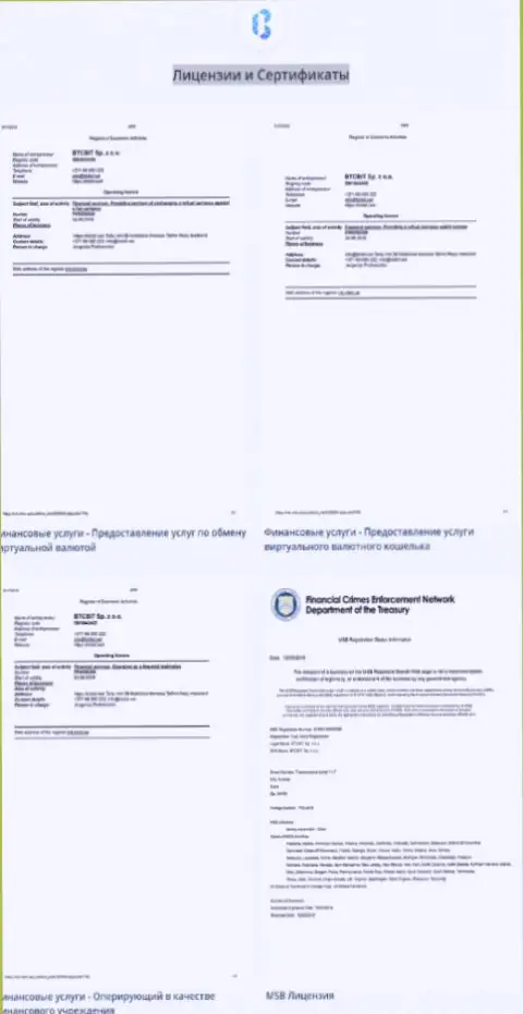 Лицензии и сертификаты, которыми владеет online-обменник БТКБит