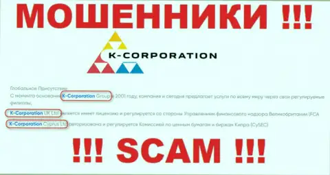 Юридическим лицом, владеющим интернет-шулерами К-Корпорэйшн, является K-Corporation Group