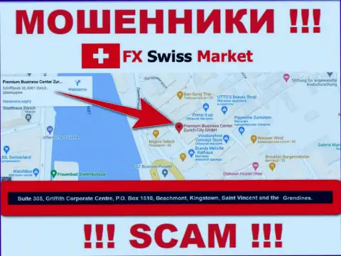 Компания FX-SwissMarket Com указывает на онлайн-сервисе, что расположены они в офшорной зоне, по адресу: Suite 305, Griffith Corporate Centre, P.O. Box 1510,Beachmont Kingstown, Saint Vincent and the Grenadines